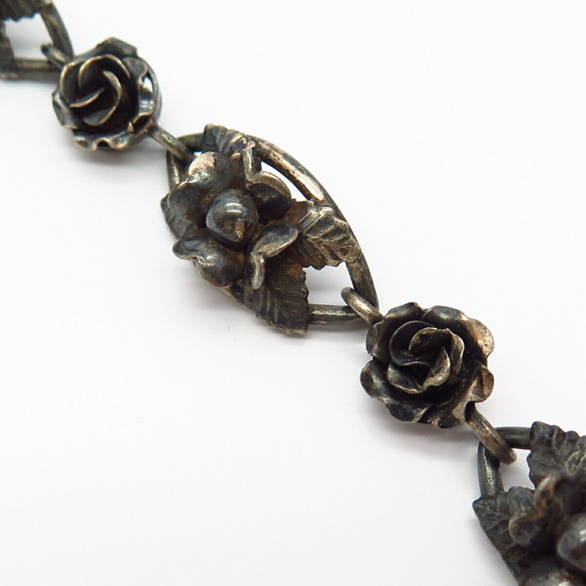 800 Silver Vintage Floral Design Link Bracelet 7 1/4"