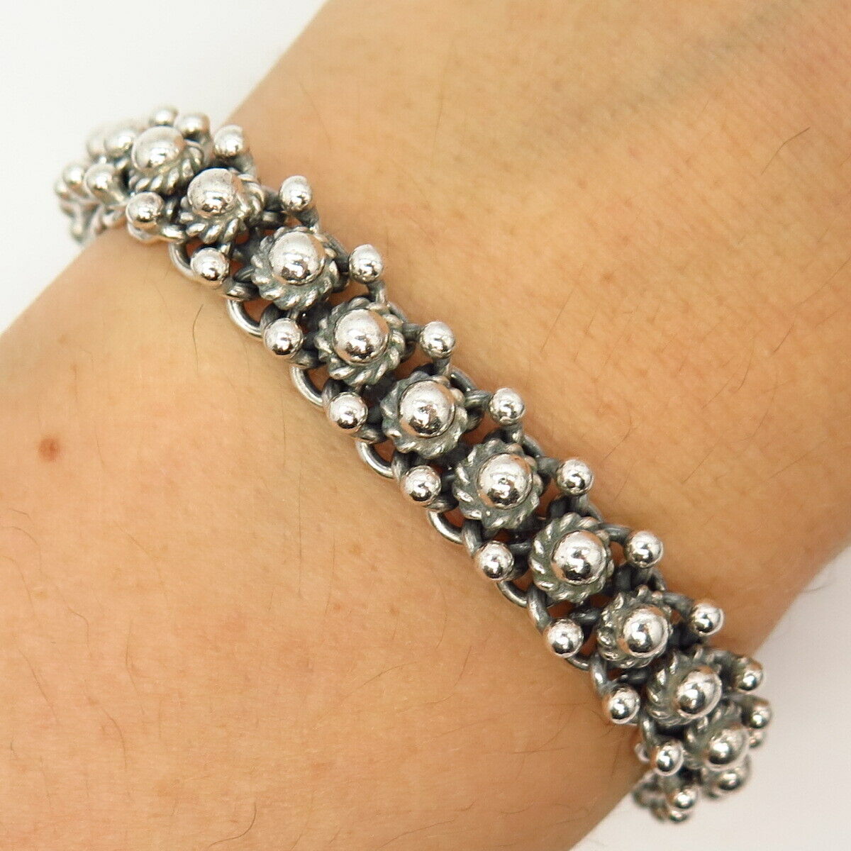 925 Sterling Silver Boho Design Bead Link Bracelet 7 1/4"