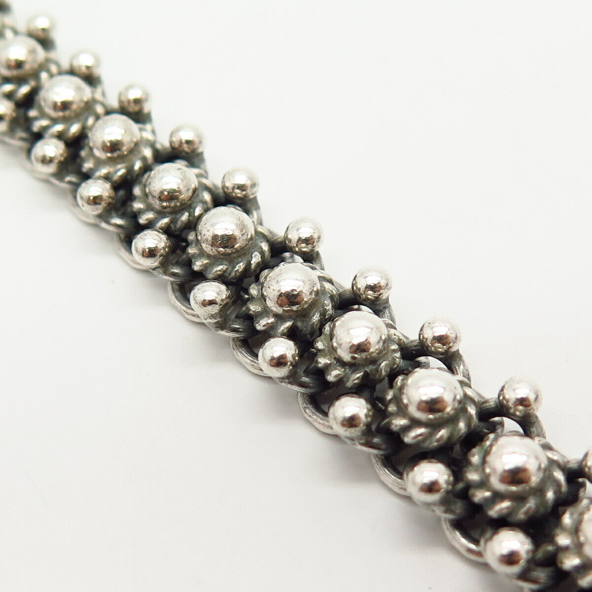 925 Sterling Silver Boho Design Bead Link Bracelet 7 1/4"