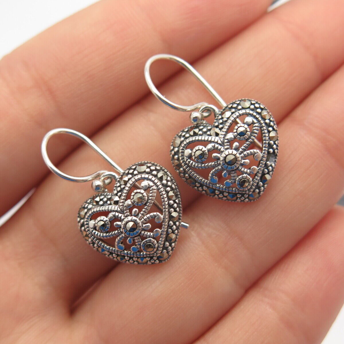 925 Sterling Silver Real Marcasite Gemstone Heart Dangling Earrings