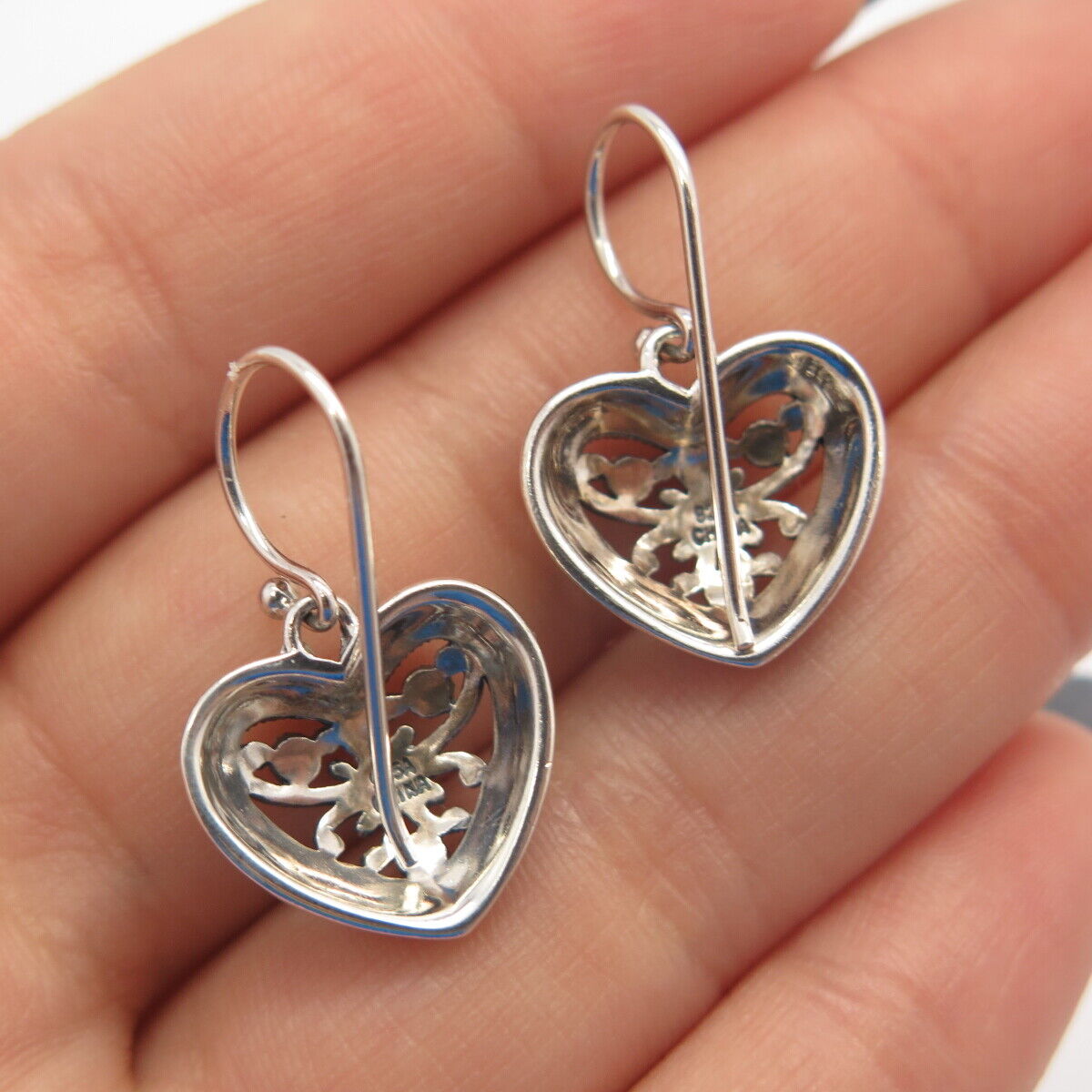 925 Sterling Silver Real Marcasite Gemstone Heart Dangling Earrings