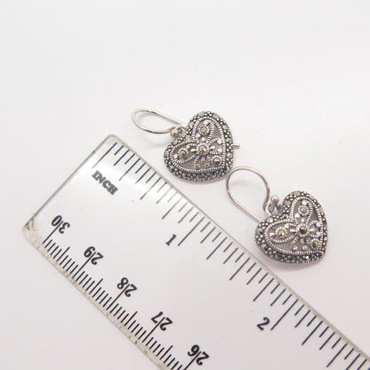 925 Sterling Silver Real Marcasite Gemstone Heart Dangling Earrings