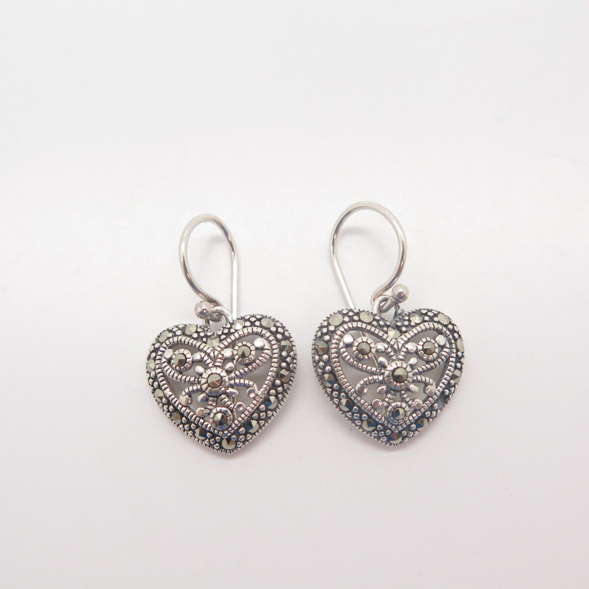 925 Sterling Silver Real Marcasite Gemstone Heart Dangling Earrings