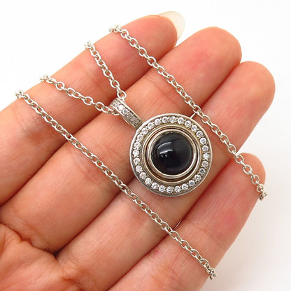 925 Sterling Silver Real Black Onyx Gem & C Z Pendant Chain Necklace 19"