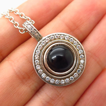 925 Sterling Silver Real Black Onyx Gem & C Z Pendant Chain Necklace 19"