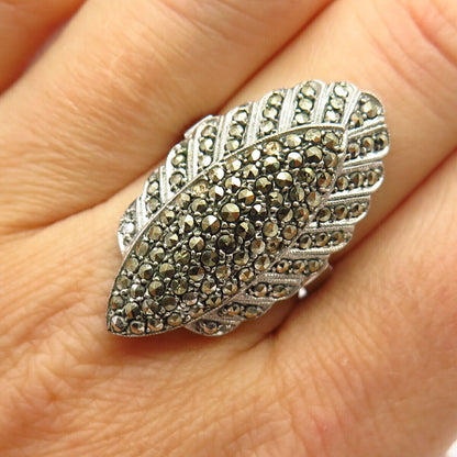 925 Sterling Silver Antique Real Marcasite Gem Art-Deco-Style Wide Ring Size 7