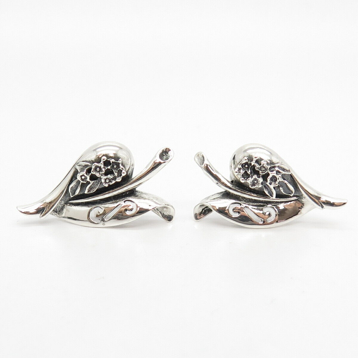 925 Sterling Silver Vintage Leaf Floral Screw Back Earrings