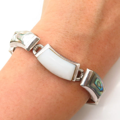 925 Sterling Silver Vintage Mexico Mother-of-Pearl & Abalone Link Bracelet 7"