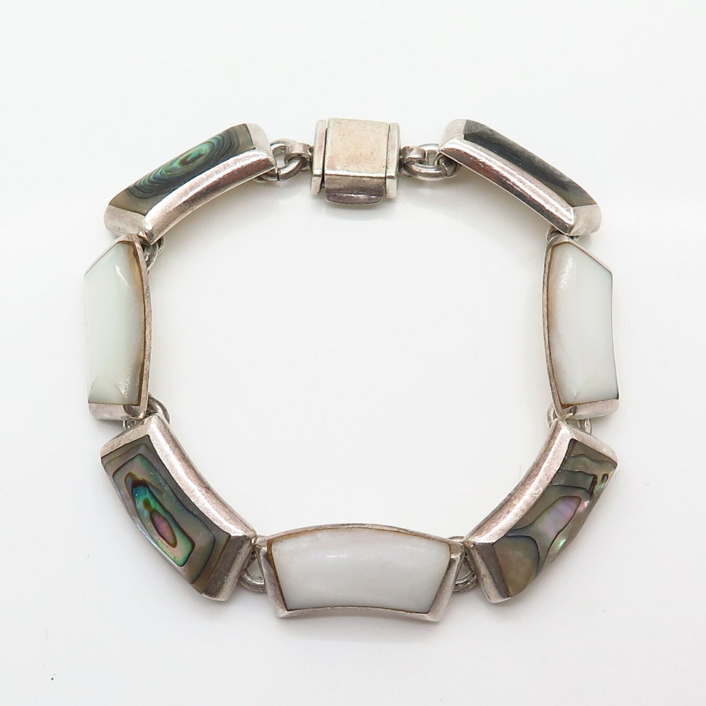 925 Sterling Silver Vintage Mexico Mother-of-Pearl & Abalone Link Bracelet 7"