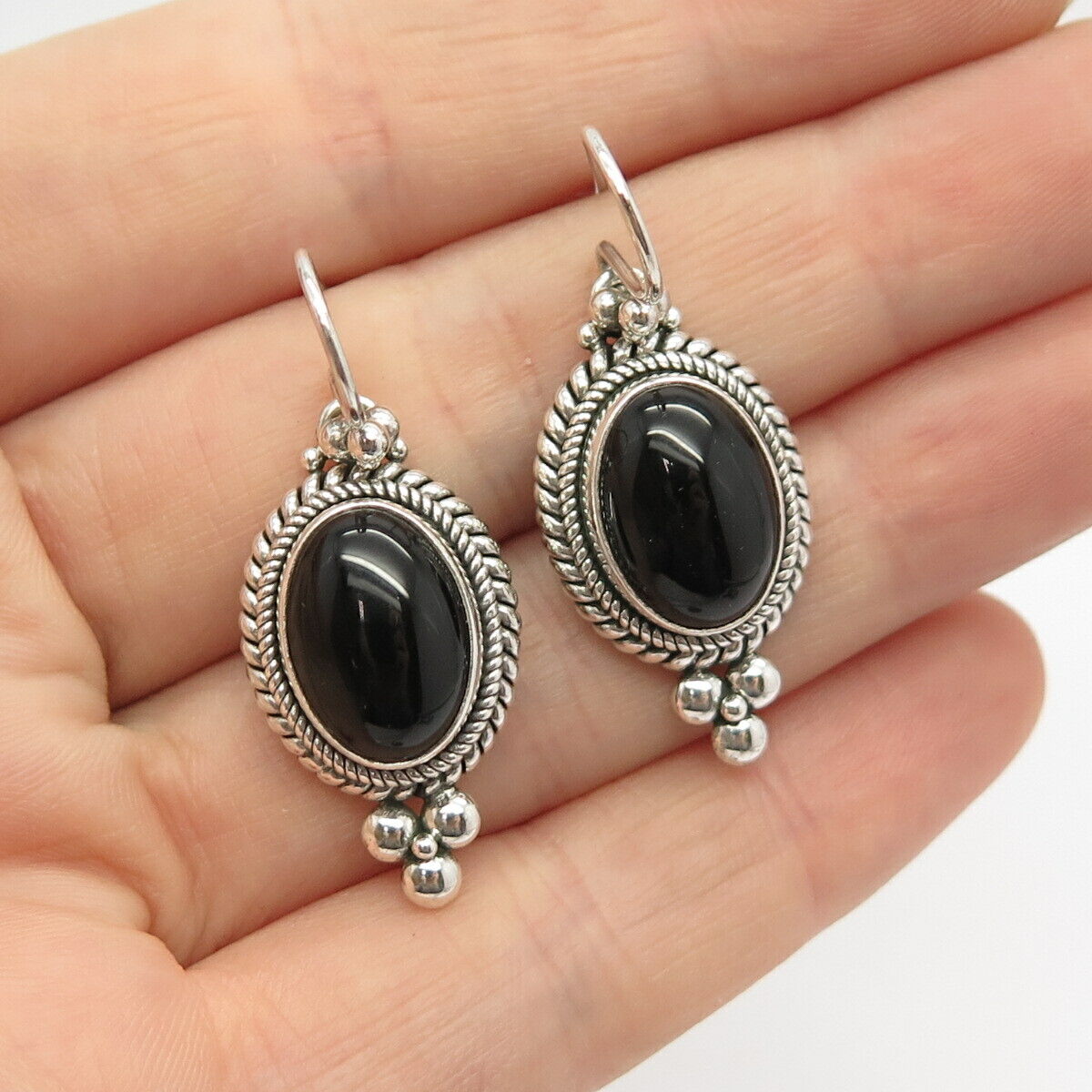 925 Sterling Silver Vintage Suarti Bali Real Black Onyx Gem Dangling Earrings