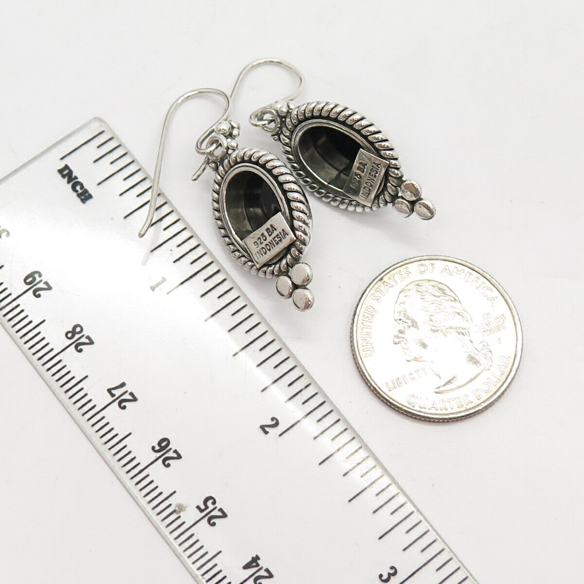 925 Sterling Silver Vintage Suarti Bali Real Black Onyx Gem Dangling Earrings