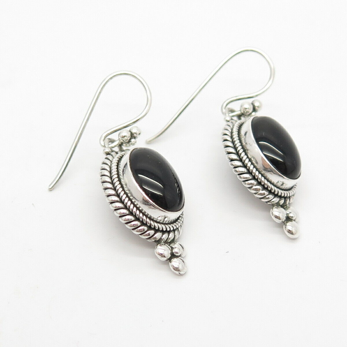 925 Sterling Silver Vintage Suarti Bali Real Black Onyx Gem Dangling Earrings