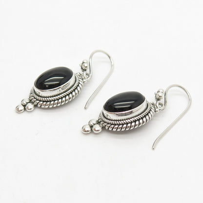 925 Sterling Silver Vintage Suarti Bali Real Black Onyx Gem Dangling Earrings