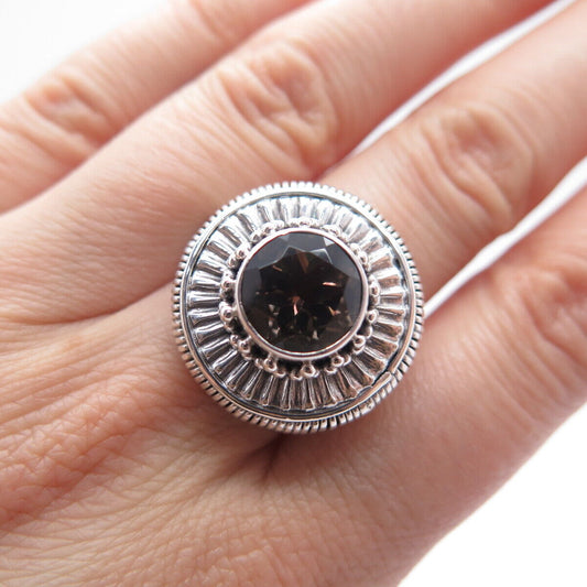 925 Sterling Silver Vintage Real Smoky Quartz Beaded Fox Chain Ring Size 6