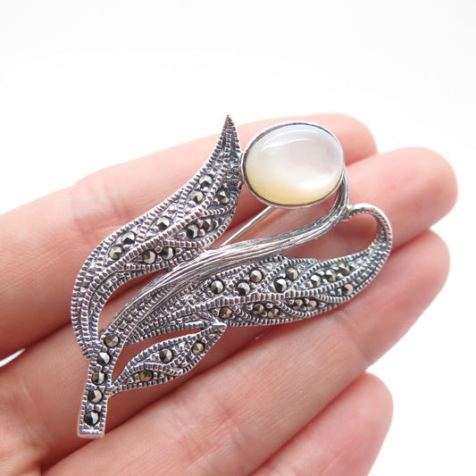 925 Sterling Silver Vintage Real Mother-of-Pearl & Marcasite Gem Floral Brooch