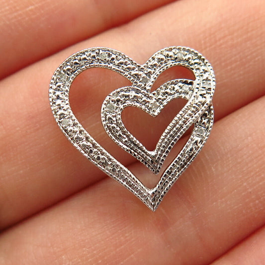 925 Sterling Silver Real Diamond Double Open Heart Slide Pendant