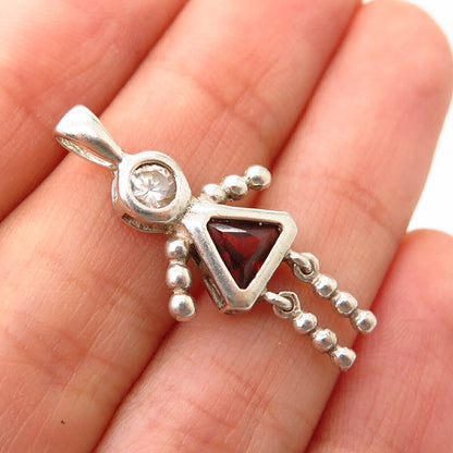 925 Sterling Silver White & Garnet-Tone C Z Articulated Girl Pendant