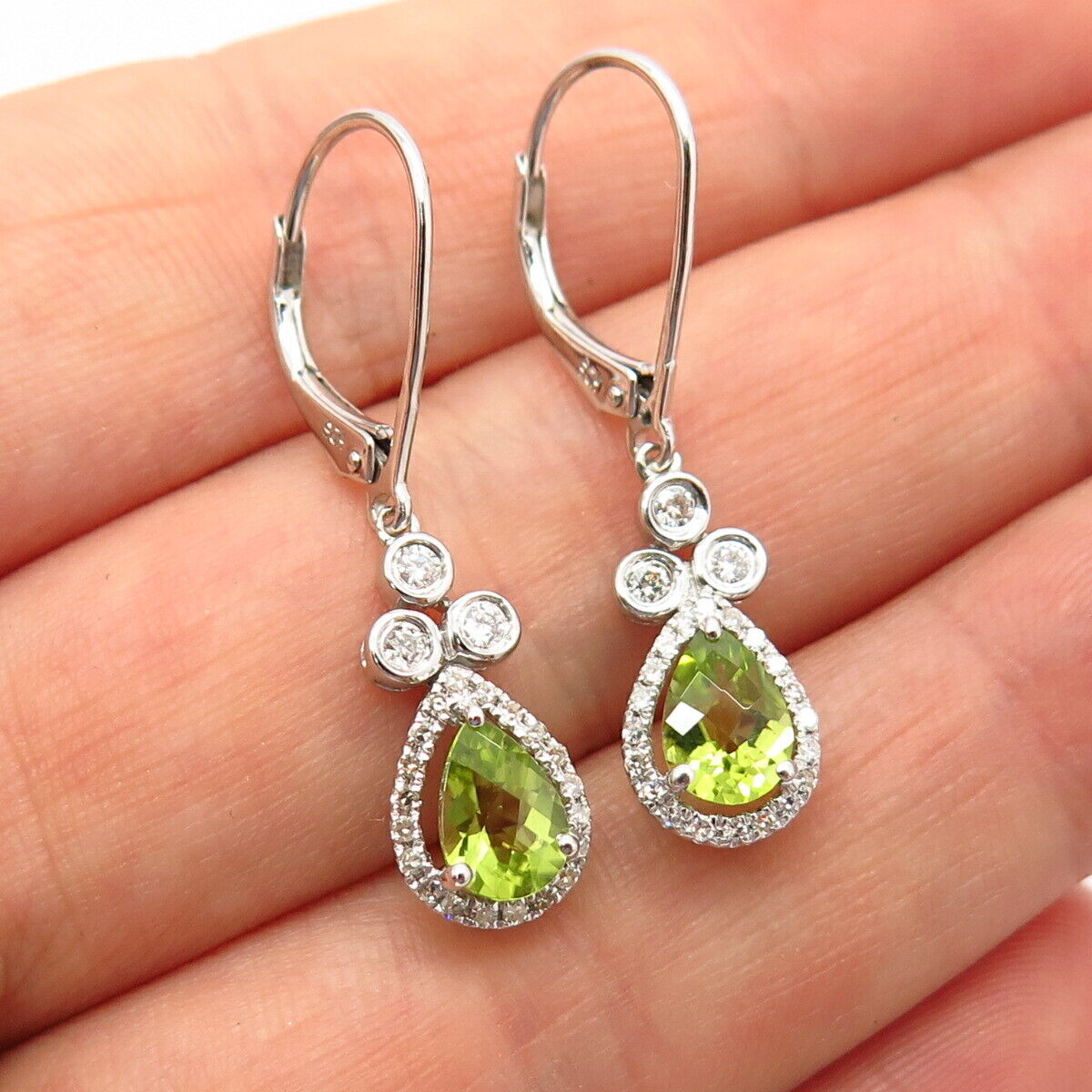 925 Sterling Silver Real Diamond & Peridot Gem Teardrop Design Dangling Earrings