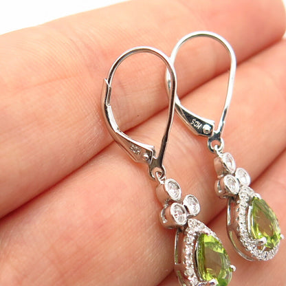 925 Sterling Silver Real Diamond & Peridot Gem Teardrop Design Dangling Earrings