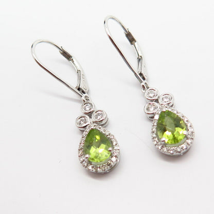 925 Sterling Silver Real Diamond & Peridot Gem Teardrop Design Dangling Earrings