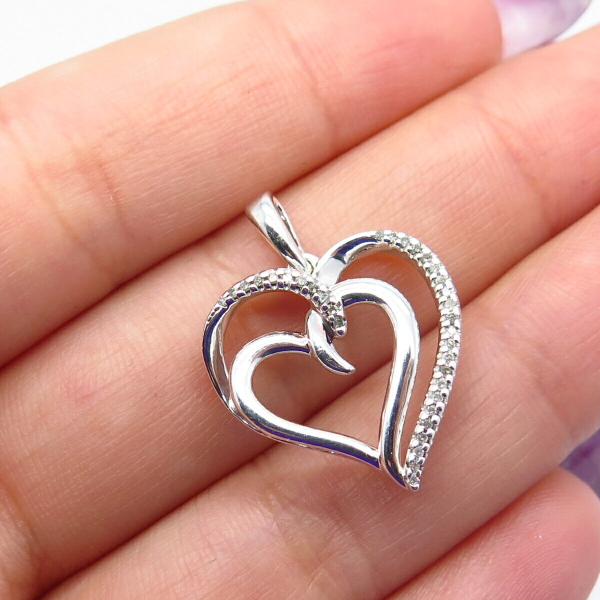 925 Sterling Silver SUN Real Diamond Double Heart Pendant