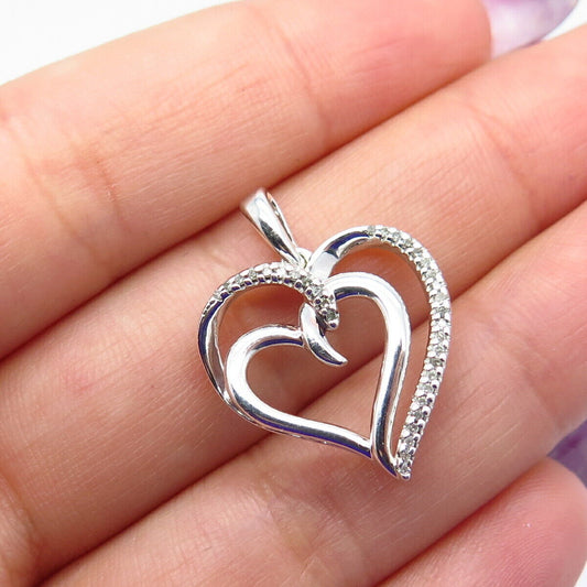 925 Sterling Silver SUN Real Diamond Double Heart Pendant