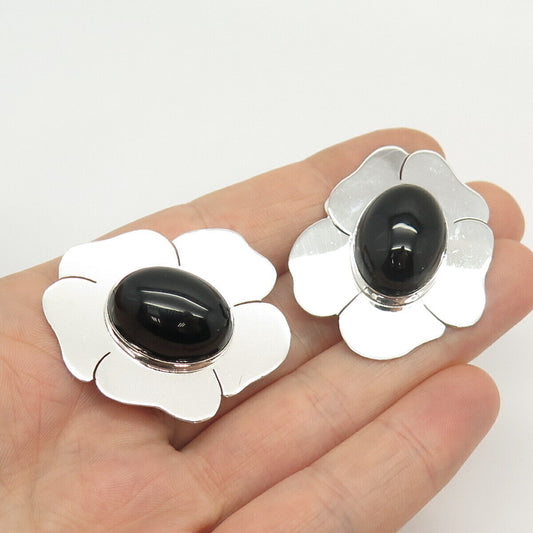 925 Sterling Silver Vintage Elaine Rose Black Onyx Gem Floral Clip On Earrings