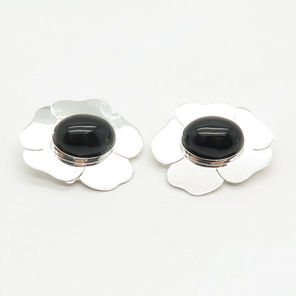 925 Sterling Silver Vintage Elaine Rose Black Onyx Gem Floral Clip On Earrings