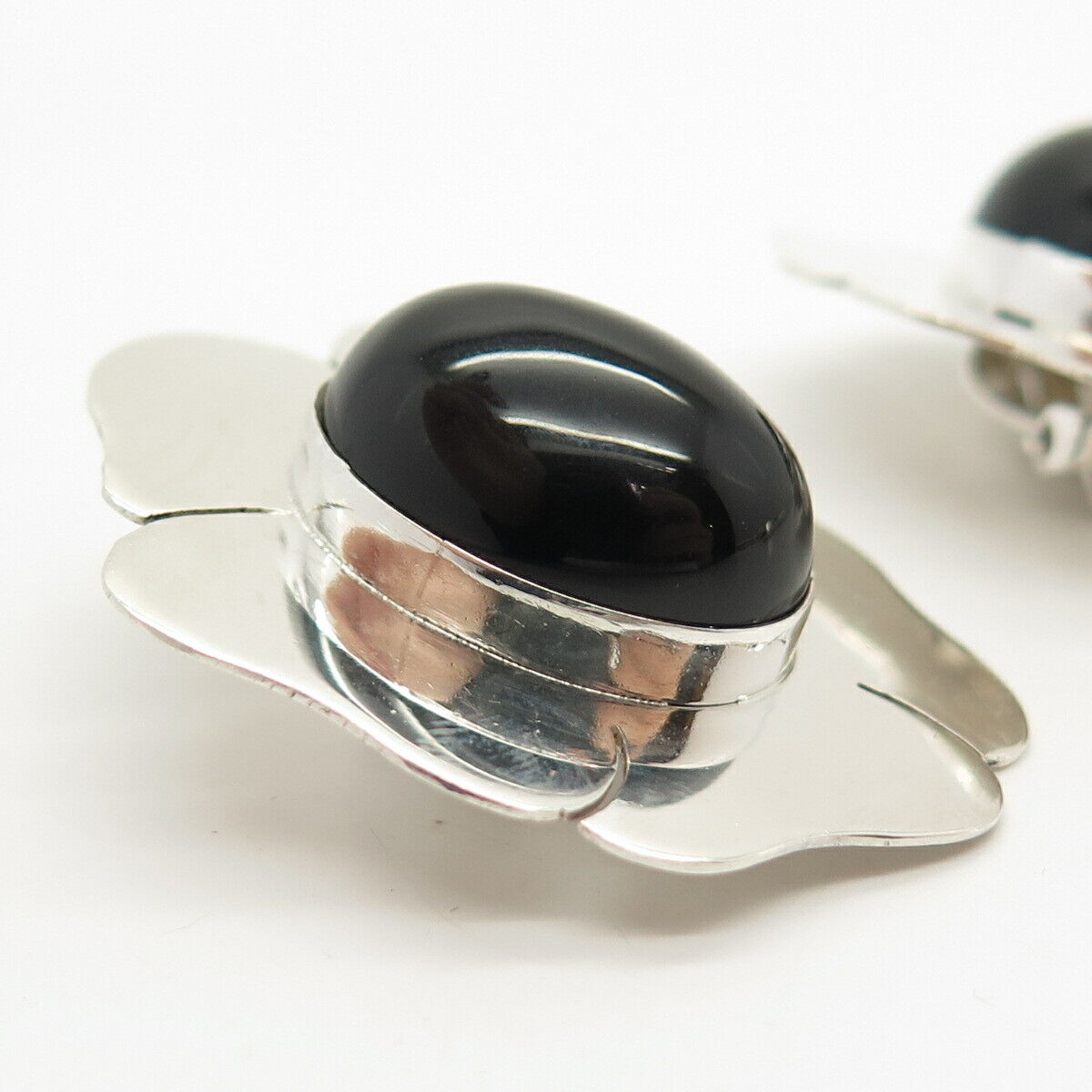 925 Sterling Silver Vintage Elaine Rose Black Onyx Gem Floral Clip On Earrings