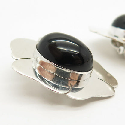 925 Sterling Silver Vintage Elaine Rose Black Onyx Gem Floral Clip On Earrings