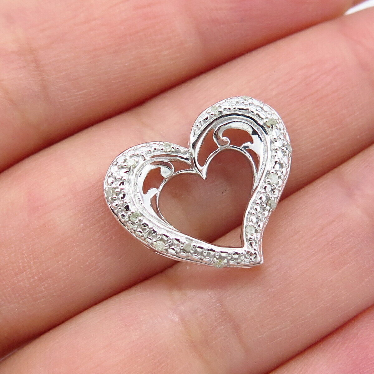 925 Sterling Silver Real Diamond Open Heart Slide Pendant