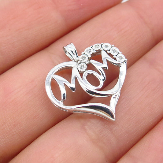 925 Sterling Silver Real Diamond "Mom" Love Heart Pendant