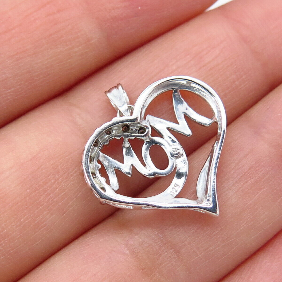 925 Sterling Silver Real Diamond "Mom" Love Heart Pendant