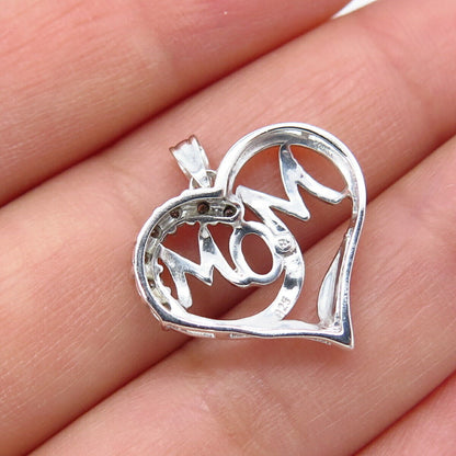 925 Sterling Silver Real Diamond "Mom" Love Heart Pendant