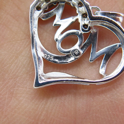 925 Sterling Silver Real Diamond "Mom" Love Heart Pendant