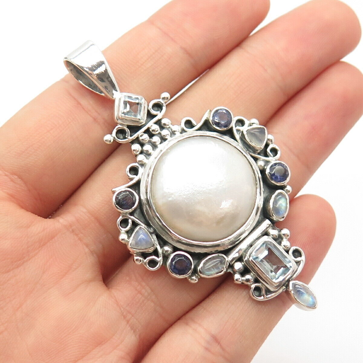 925 Sterling Silver Vintage Real MOP Moonstone Blue Topaz Tanzanite Gem Pendant