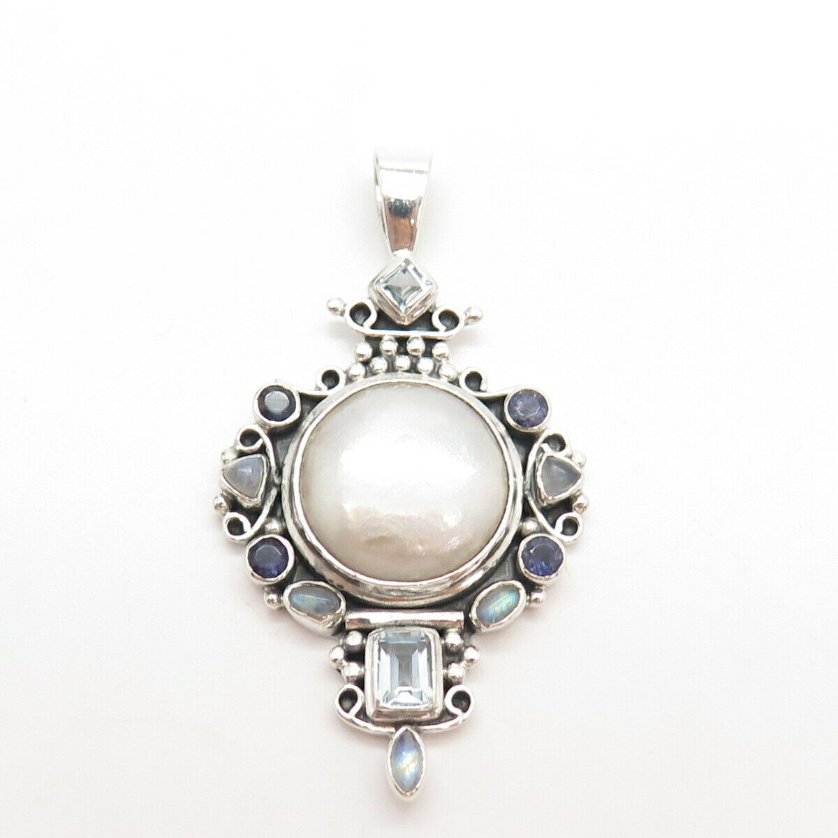 925 Sterling Silver Vintage Real MOP Moonstone Blue Topaz Tanzanite Gem Pendant