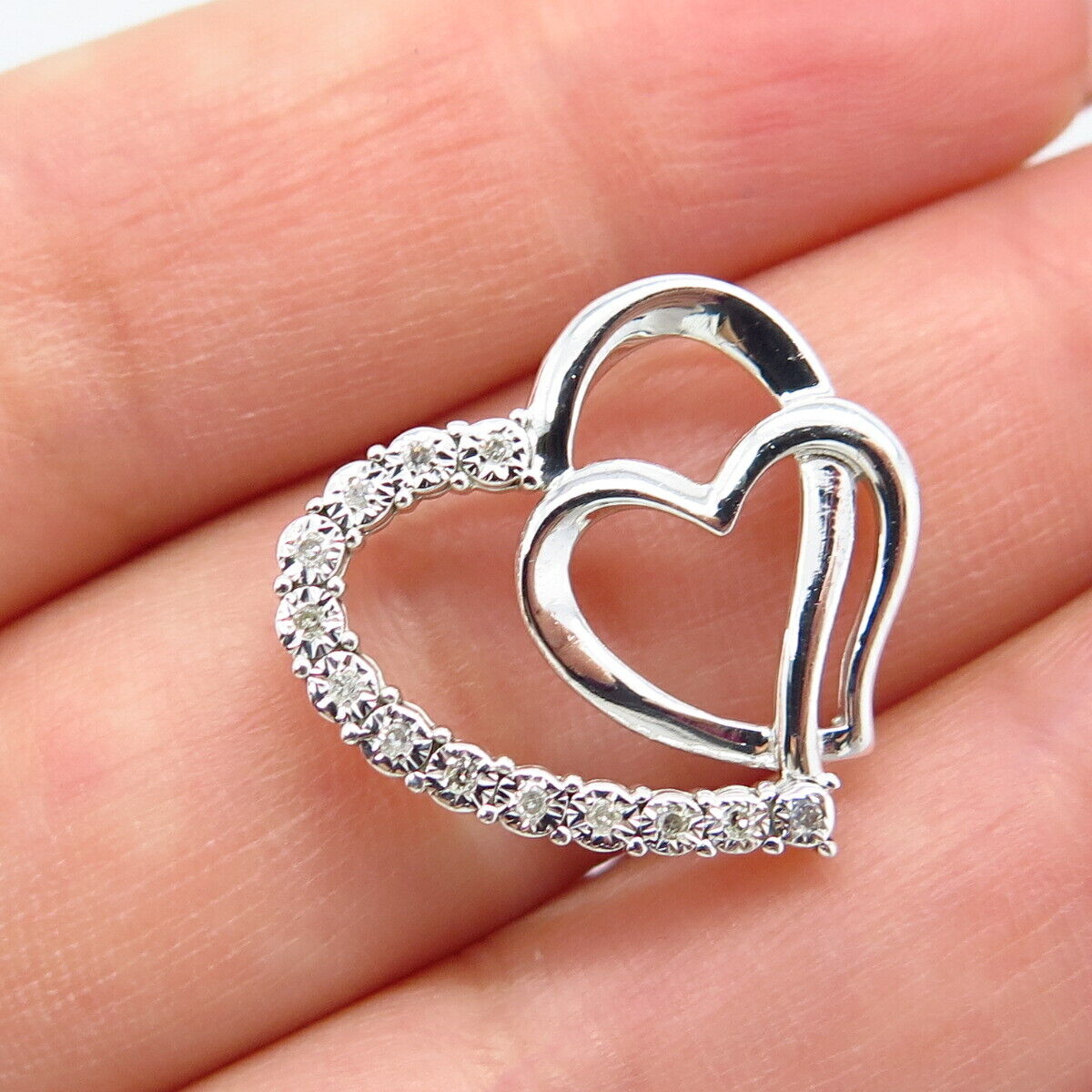 925 Sterling Silver Real Diamond Double Heart Slide Pendant