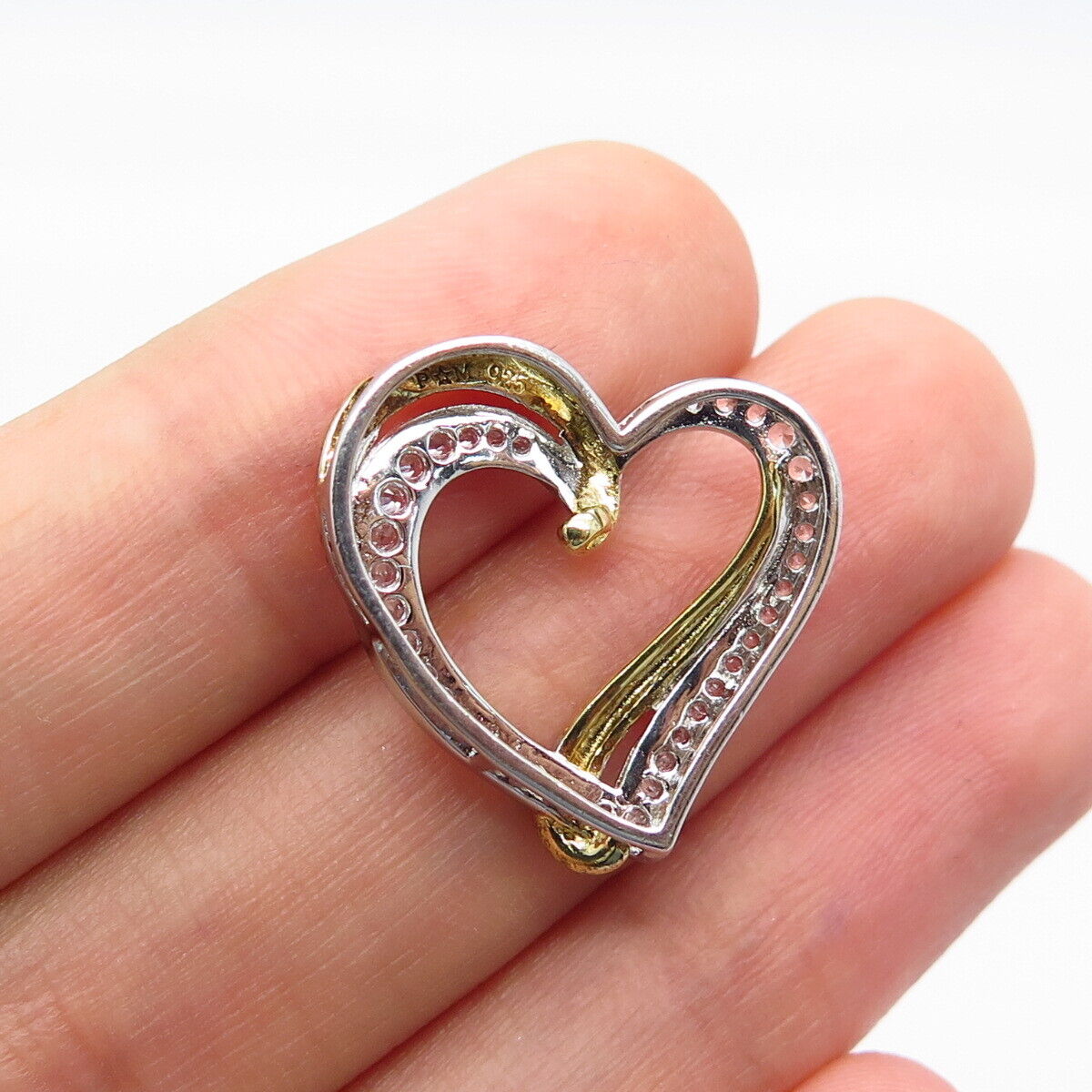 925 Sterling Silver 2-Tone C Z Open Heart Slide Pendant