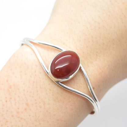 925 Sterling Silver Vintage Real Carnelian Gem Adjustable Cuff Bracelet 6.5"