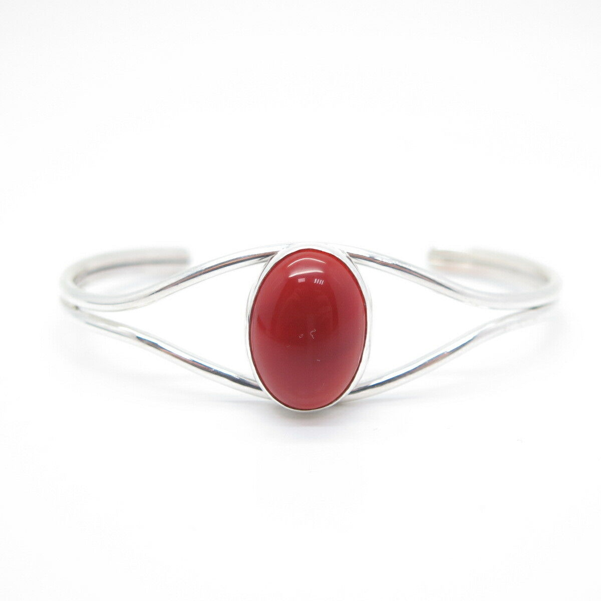 925 Sterling Silver Vintage Real Carnelian Gem Adjustable Cuff Bracelet 6.5"