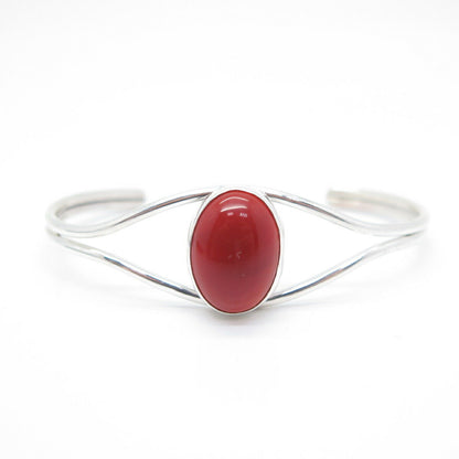 925 Sterling Silver Vintage Real Carnelian Gem Adjustable Cuff Bracelet 6.5"