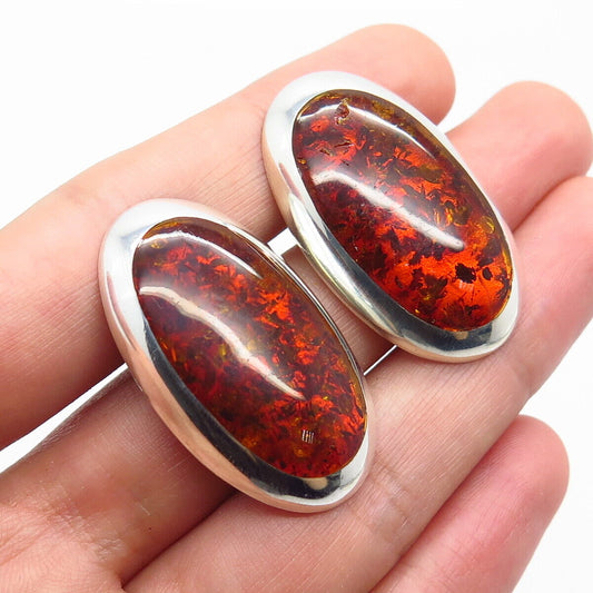 925 Sterling Silver Vintage Real Amber Clip On Earrings