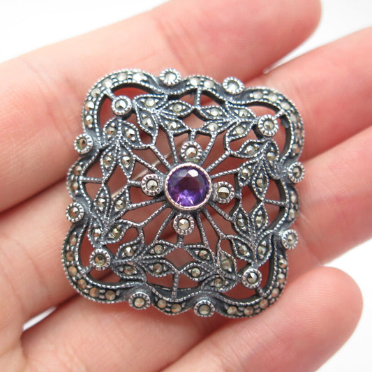 925 Sterling Silver Vintage Judith Jack Real Amethyst & Marcasite Gem Pin Brooch