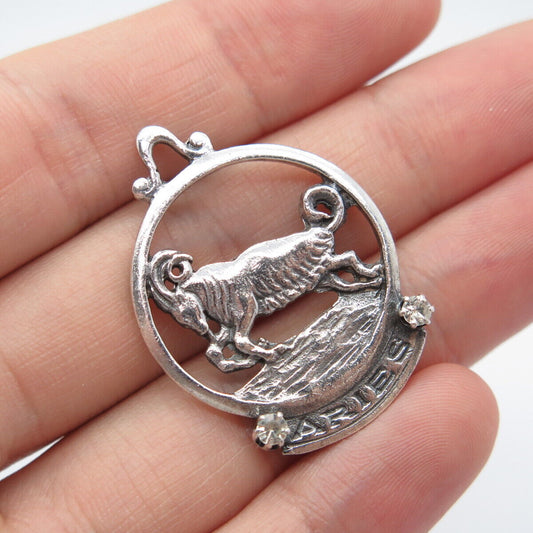 925 Sterling Silver Vintage "Aries" Zodiac Sign Open Round Pendant