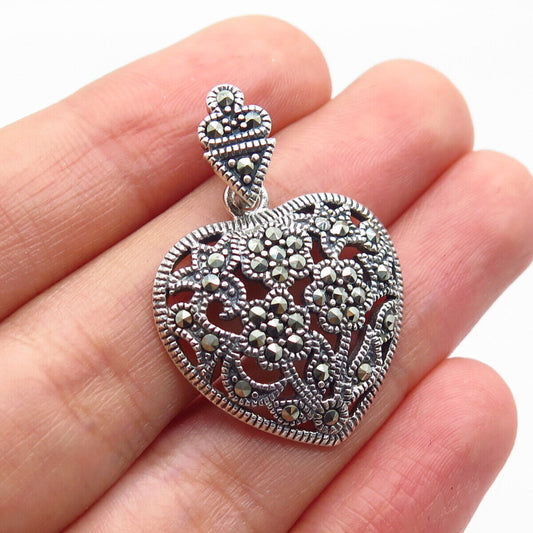 925 Sterling Silver Vintage Real Marcasite Gem Floral Heart Pendant