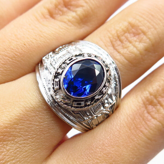 925 Sterling Silver Vintage Reed Co. Lab-Created Sapphire School Ring Size 8.25