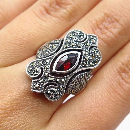 925 Sterling Silver Vintage Red Garnet & Marcasite Gem Statement Ring Size 6