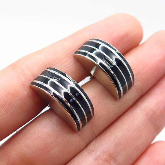 925 Sterling Silver Vintage Black Enamel Striped Cufflinks