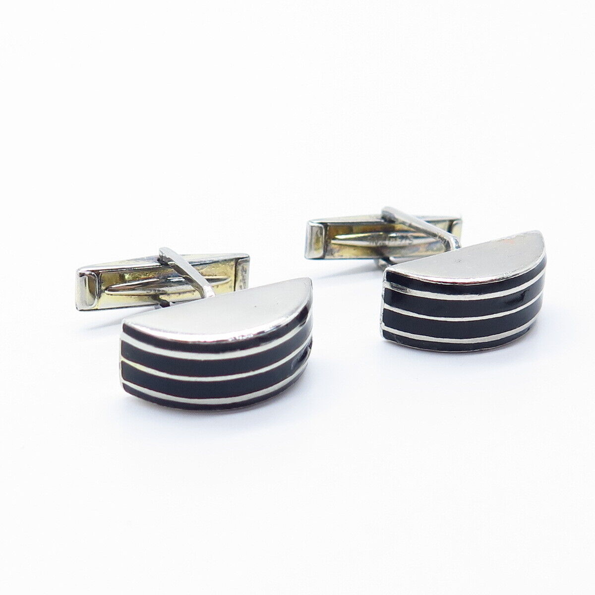 925 Sterling Silver Vintage Black Enamel Striped Cufflinks